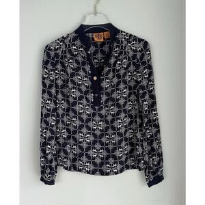 Tory Burch Silk Tunic Top Monogram Horse Print Size 2 Blue White Gold Buttons